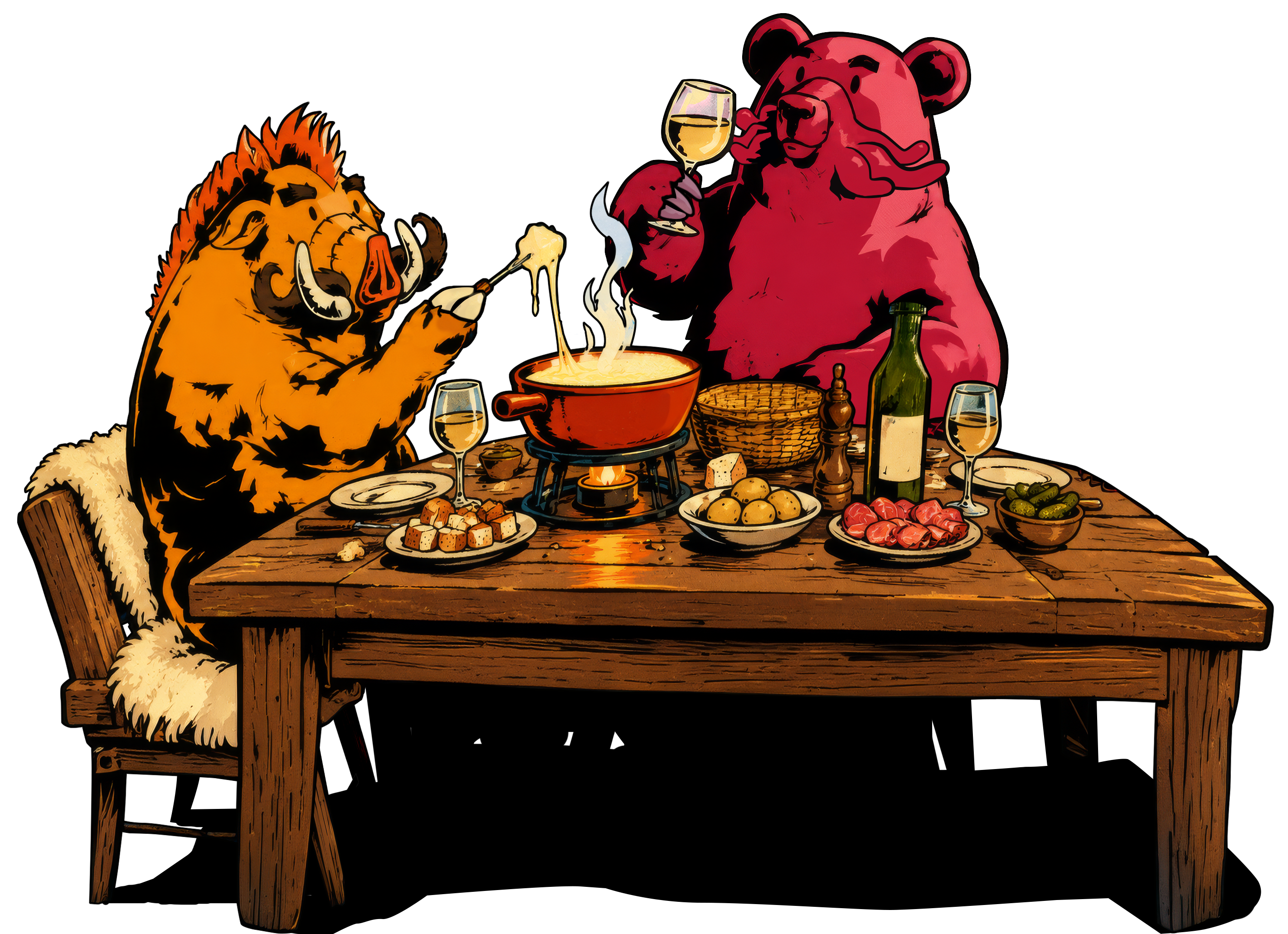 Un sanglier et un ours partagent une fondue.