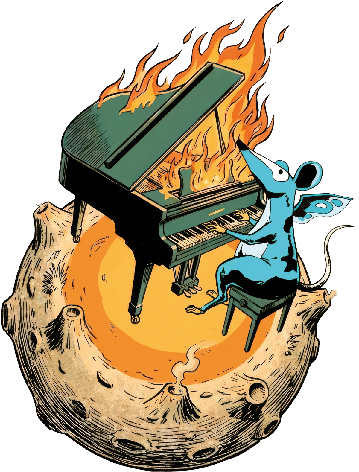 Une souris joue sur un piano enflammé posé sur une petite planète.
