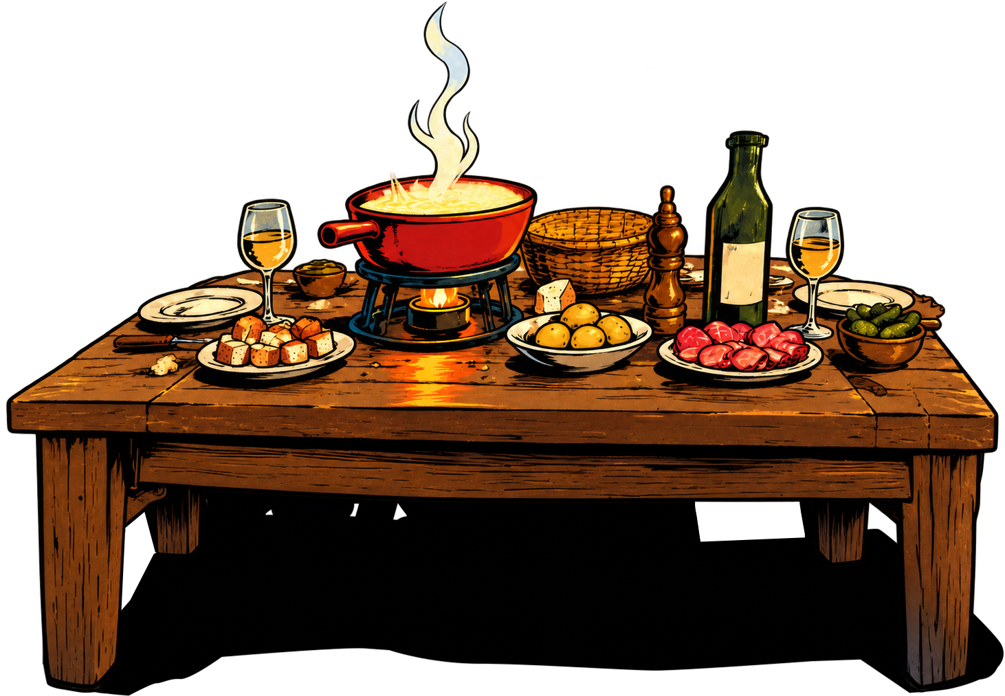 Une table garnie et un caquelon de fondue.